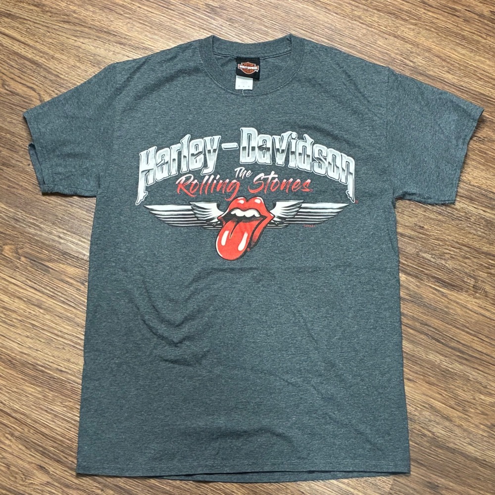 Harley Davidson Rolling Stones T Shirt Mens M Winged Tongue Gray Biker Tee